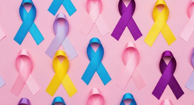 A poignant arrangement of awareness ribbons, each a unique hue, gracefully arranged against a soft pink backdrop, symbolizing support and solidarity.
