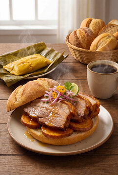 Peruvian breakfast, Pan con Chicharr&oacute;n (bread with crispy golden pork belly) fried sweet potato, and red onion. Bread, tamale, coffee. A traditional food from Peru