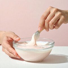 Close-up of hands gently stirring a smooth, pink creamy substance in a glass bowl with a spatula, embodying a mindful beauty ritual or a creative DIY project