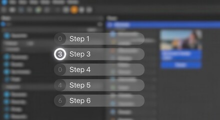 Digital interface displays a sequence of numbered process steps within a blurred application background.