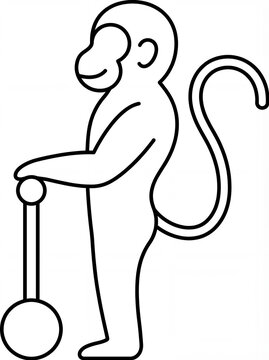 Outline drawing of a monkey standing holding a ball on a stick with a curled tail visible