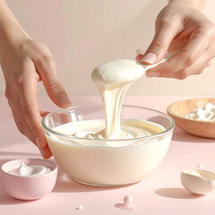 Creamy Indulgence Hands Pouring White Dessert Cream into a Glass Bowl