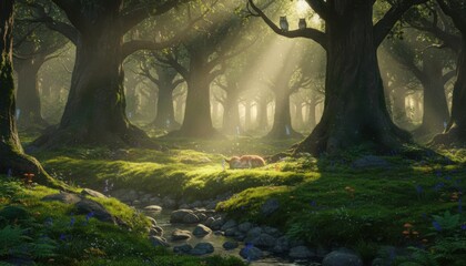 A magical forest with soft light and resting fox suggests fantasy storytelling and peaceful nature in an enchanted woodland