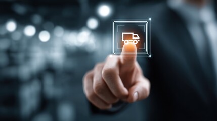 Businessman pressing a virtual button with a truck icon, concept of delivery service