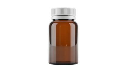 Amber glass bottle with white ribbed screw cap isolated on a transparent background container