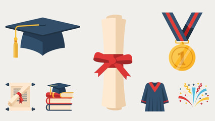 Graduation Icons Set Diploma, Cap, Gown, Medal, and Celebration Confetti