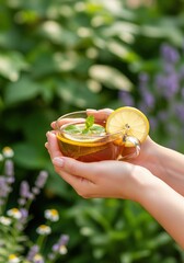 Hands Holding Lemon Mint Herbal Tea Outdoors