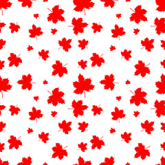 Red maple leaves seamless pattern on white background. Vector illustration for cards, banners, posters and decorative designs with repeating maple leaf elements.