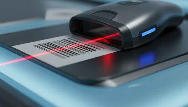 A barcode scanner reading a label illustrates modern retail technology and fast data processing in a clean workspace