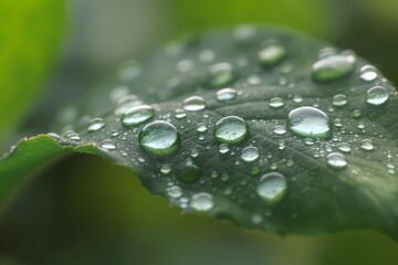 Macro Green Leaf with Morning Dew Droplets