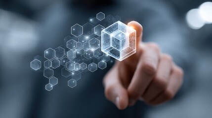 Innovative Technology Concept Represented with Finger Touching Digital Cube Structure