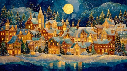 Enchanting winter village scene bathed in moonlight with festive ambiance