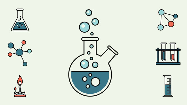 Science and Chemistry Icons Molecular Structures, Flasks, Test Tubes, and Lab Equipment in Vector Design