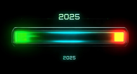 Loading bar showing progress from 2025 to 2026 with green and blue neon light. Progress Bar Concept