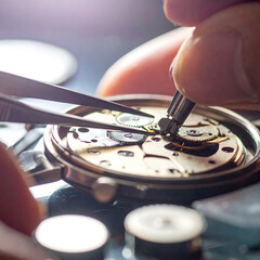 Close-up of a watchmaker's hands meticulously repairing the intricate mechanism of a mechanical timepiece with precision tools