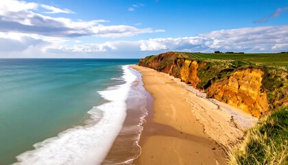 Aerial view of a sandy beach alongside cliffs. The ocean stretches to the horizon under a cloudy sky. The coastline is lush green