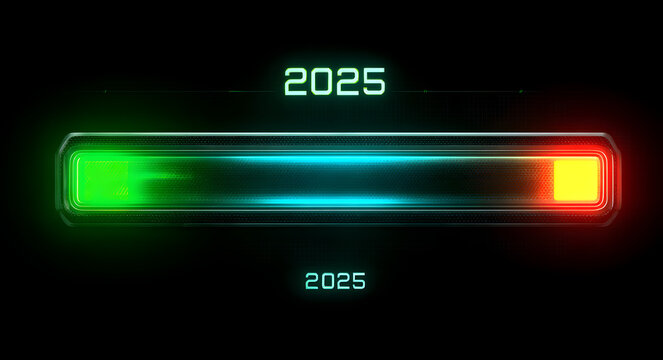 Loading bar showing progress from 2025 to 2026 with green and blue neon light. Progress Bar Concept