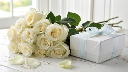 Elegant White Roses Arranged with a Gift Box on a Bright Wooden Table