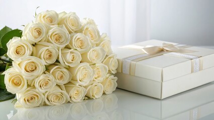 Elegant White Roses Bouquet Next to Gift Box for Celebrations and Special Occasions