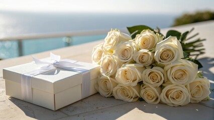 Elegant bouquet of white roses beside a gift box on a sunny outdoor terrace by the sea