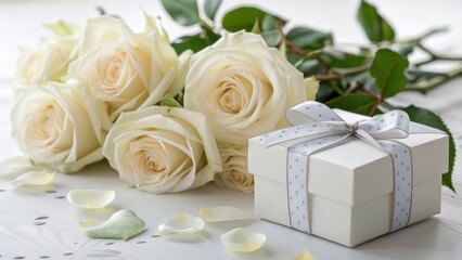 Elegant White Roses and Gift Box with Ribbon on Table with Petals in Soft Light