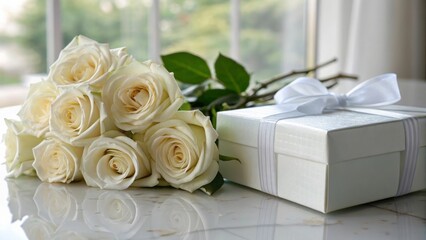 Elegant Display of White Roses and a Gift Box on a Bright Tabletop Near a Window