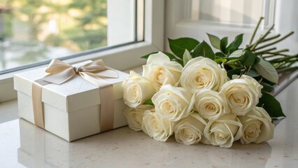 Elegant White Roses and Gift Box with Ribbon on Sunny Windowsill