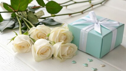 Elegant white roses and gift box arrangement on white wooden surface for special occasions