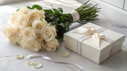 Elegant White Roses Bouquet with Gift Box and Satin Ribbon on a Marble Table Surface