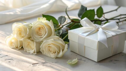 Elegant White Roses and Gift Box Arrangement on Rustic Wooden Surface