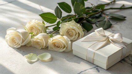 Elegant White Roses and Gift Box Arrangement for Romantic Occasion or Special Celebration