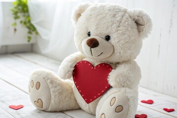 Adorable plush teddy bear holding a red heart surrounded by smaller hearts on wooden floor