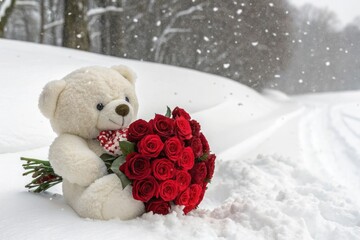 Cute teddy bear with red rose bouquet in snow during winter snowfall scene