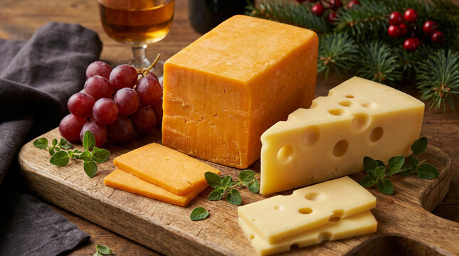 Festive Cheese Board with Assorted Cheeses, Grapes, and Wine