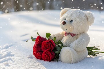 Cute Teddy Bear Holding Red Roses in Snowy Landscape with Soft Snowflakes Falling