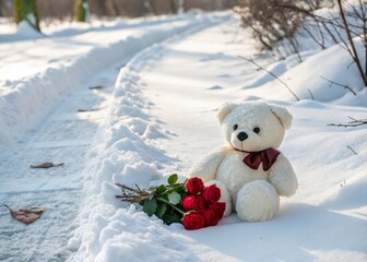 Cute teddy bear seated in fresh snow with roses beside it on a winter day in a tranquil landscape