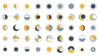 Extensive collection of flat design sun and moon icons, illustrating celestial phases and astronomical symbols, perfect for minimalist cosmic themes and mystical designs