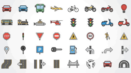 Collection of transportation and traffic icons including vehicles, signs, and road elements