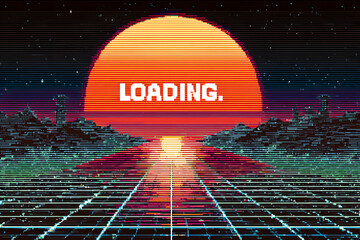 LOADING 2026. pixel art. 8 bit. Retro Futurism Sci-Fi Background. glowing neon grid and star from vintage arcade computer games