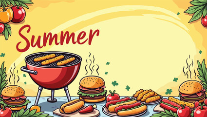 Colorful Summer Barbecue Grill with Burgers and Hotdogs – Fun Outdoor Cooking Art