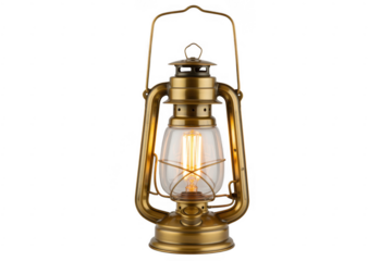 Antique brass kerosene lantern with clear glass globe and Edison bulb isolated on a transparent background