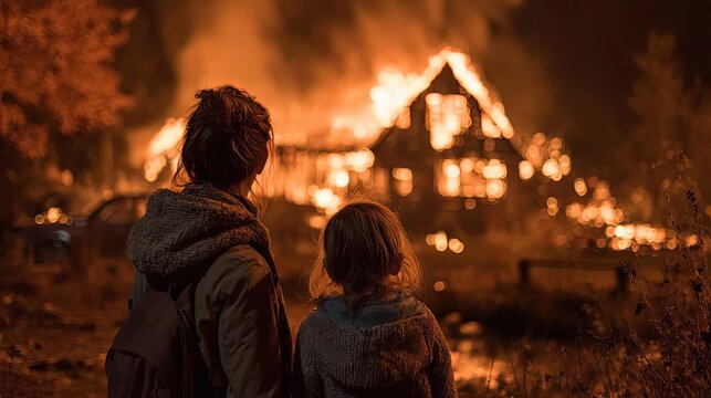 Mother and daughter watch home burn in wildfire concept. Two figures watching a house engulfed in flames at night.