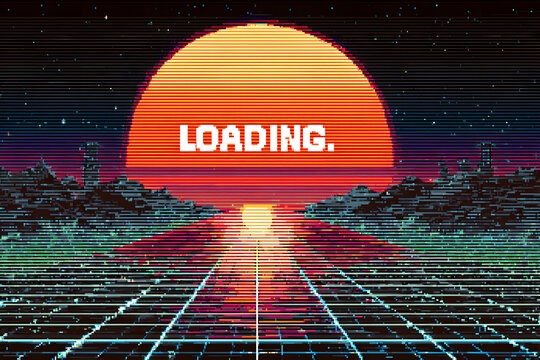 LOADING 2026. pixel art. 8 bit. Retro Futurism Sci-Fi Background. glowing neon grid and star from vintage arcade computer games