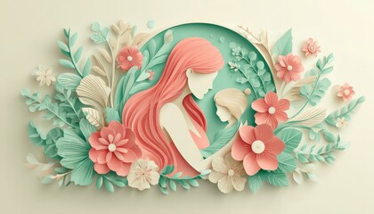 Obraz premium Papercraft style depiction shows maternal affection surrounded by abundant springtime flora