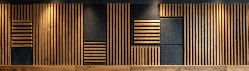 Acoustic wood panel wall with black cloth concept. Elegant wooden wall design with modern lines and textures.