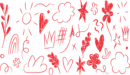  collection of red, hand-drawn doodle elements heart flowers crown vector illustration