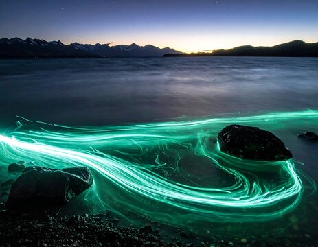 Stunning twilight view of illuminated sea trails, shore, and mountains