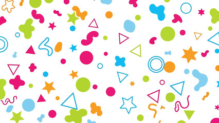Vibrant and playful abstract background featuring a scattered pattern of colorful geometric shapes, perfect for party and celebration designs