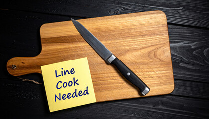 Serious line cook needed sign on cutting board highlights restaurant job vacancy. note reflects critical labor market shortages creating an urgent need for kitchen staff