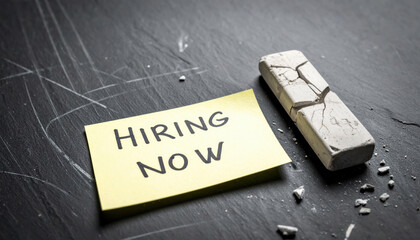 Hiring now message on note reflects desperate search for new employee. current labor market faces significant staff shortages and recruitment challenges